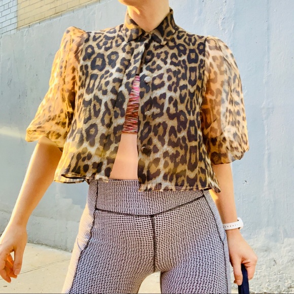 Zara Transparent Leopard Puff Sleeve Crop Blouse - Picture 15 of 16